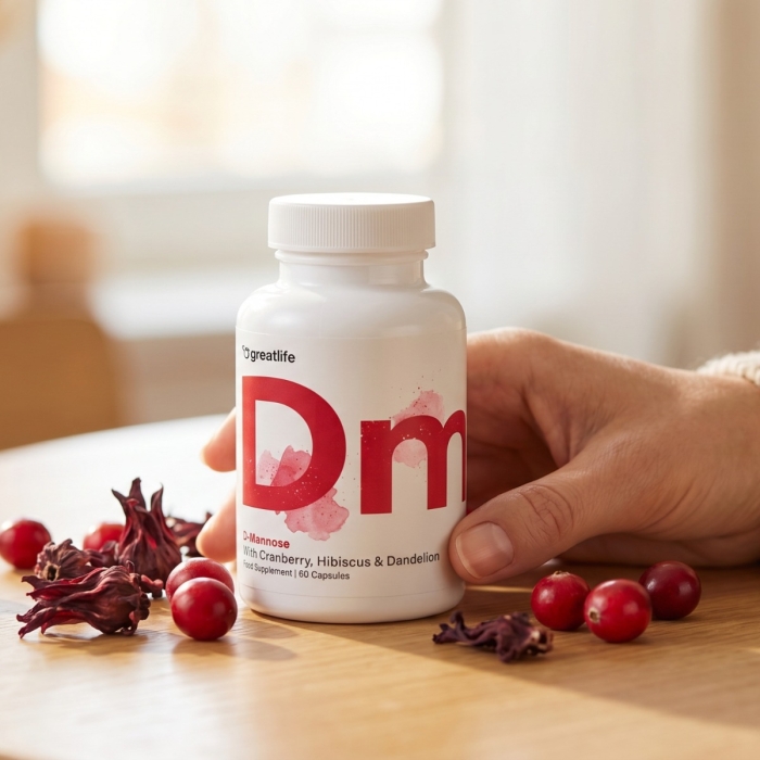 D-Mannose met cranberry, hibiscus en paardenbloem.